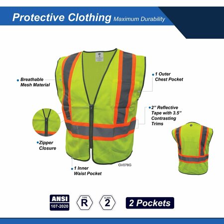 Ge Green Safety Vest W/Contrast TRIMS - 2 POCKETS  L GV078GL